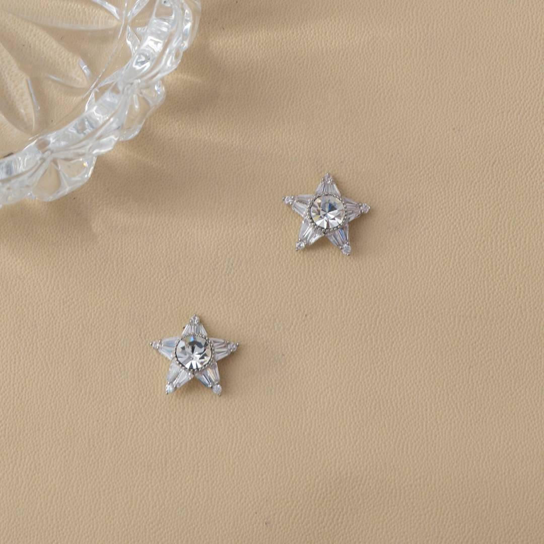 (13mm) Minimalist Moon and Star Baguette Zirconia Stud Earrings Anting Tusuk Bulan Bintang Hypoallergenic Gold Plated