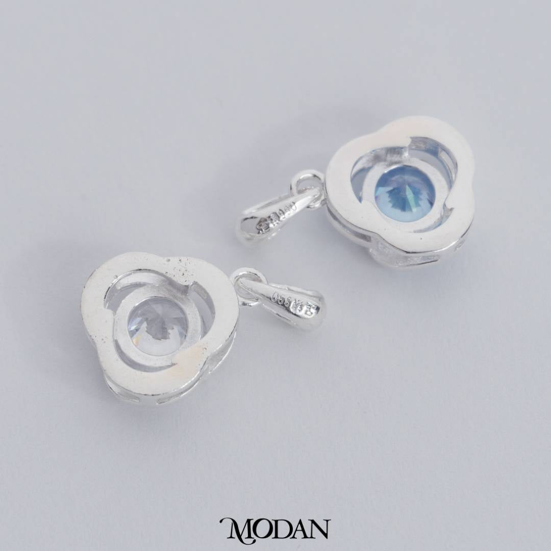 Blue Topaz and Diamond Colored Lucky Clover Flower DIY Charm Liontin Kalung Silver Bentuk Bunga Mata Satu Hijau Biru Hypoallergenic S925