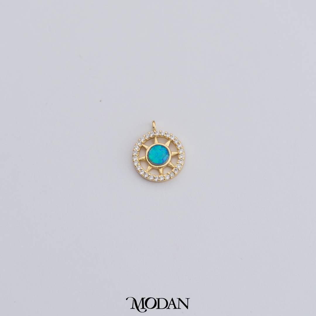 Round Micro Paved Opal Blue Sun Charm DIY Charm Liontin Matahari Biru Hypoallergenic Gold Plated