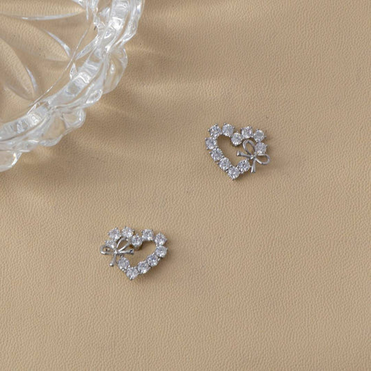 Silver Heart Love Ribbon Stud Earrings Anting Tusuk Hati Pita Cinta Hypoallergenic Gold Plated
