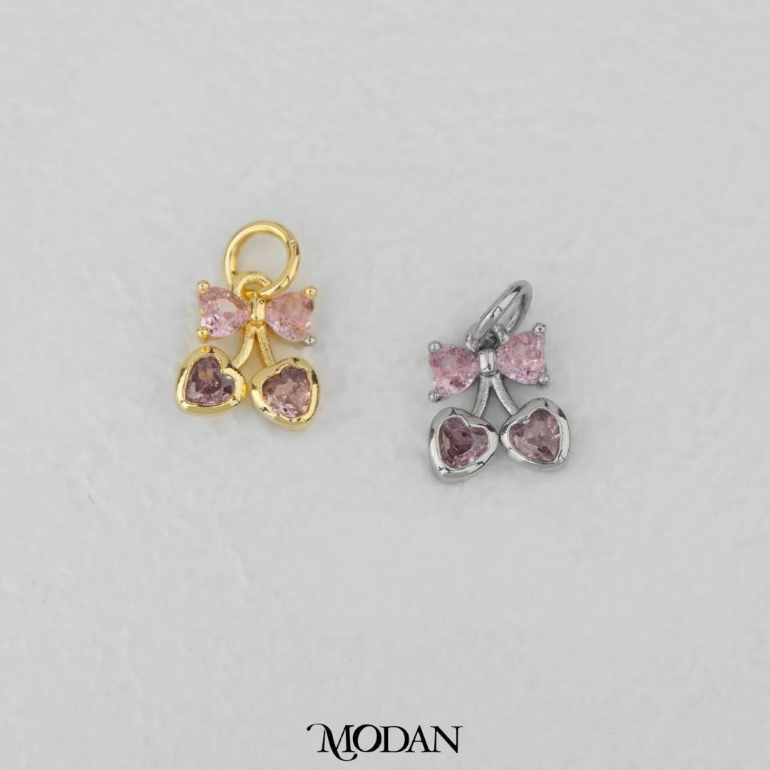 Mini Coquette Style Pink Cherry Ribbon Bow DIY Charm Liontin Buah Ceri Pita Hypoallergenic Gold Filled