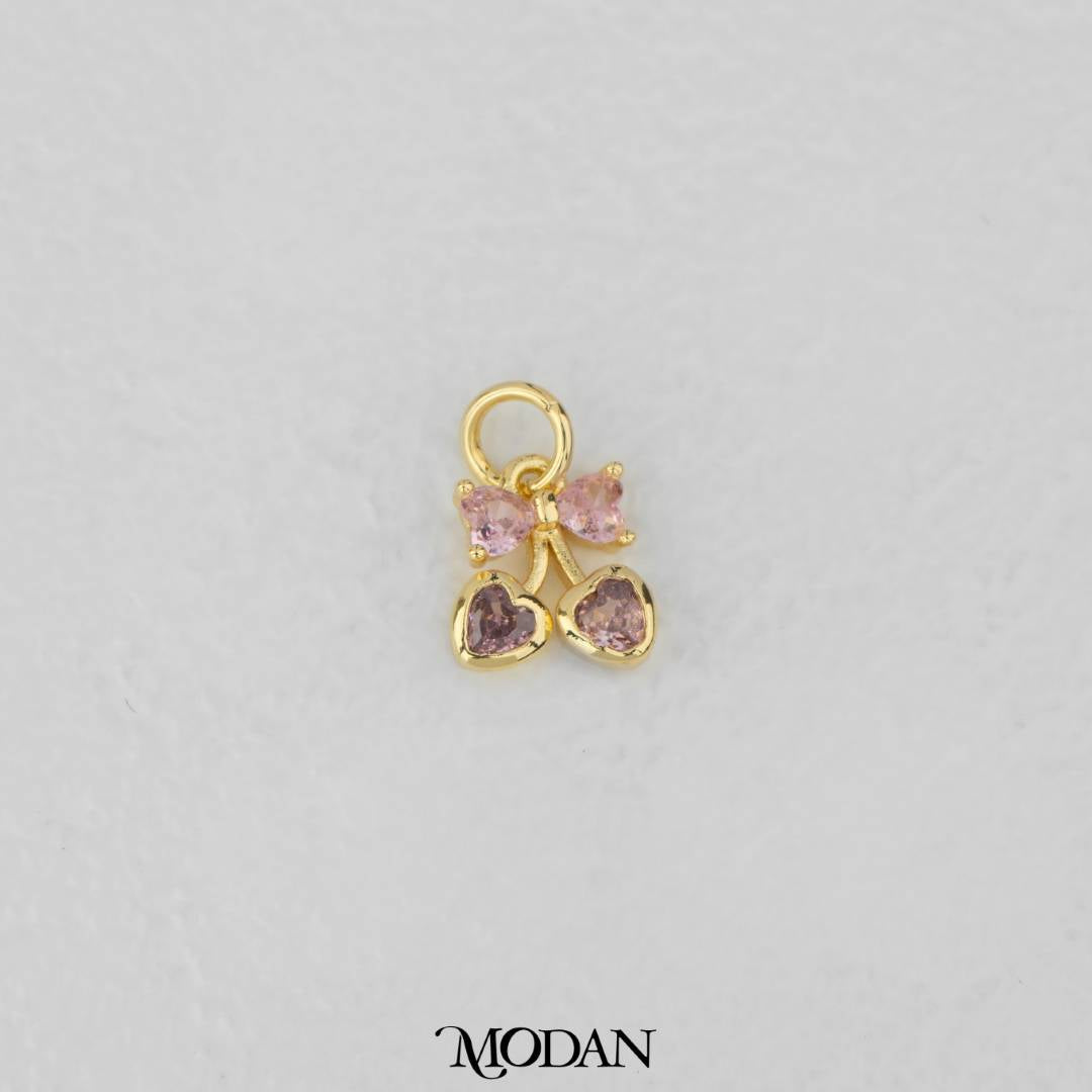 Mini Coquette Style Pink Cherry Ribbon Bow DIY Charm Liontin Buah Ceri Pita Hypoallergenic Gold Filled
