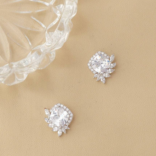 (13mm) Silver Leaf Elegant Square Zirconia Stud Earrings Anting Tusuk Wanita Kotak Batuan Pasir Elegant Hypoallergenic Gold Plated