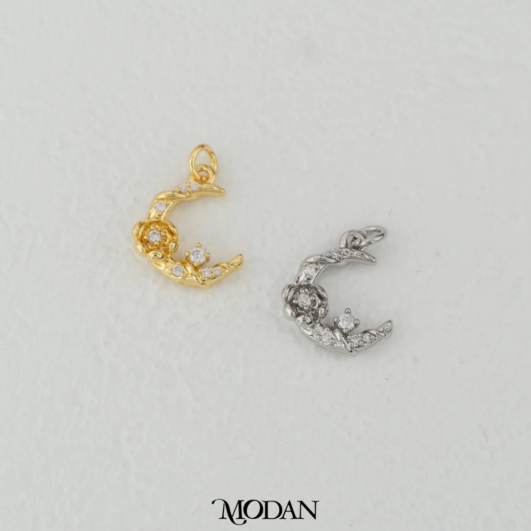 Magical Night Moon and Rose Zirconia Charm DIY Charm Liontin Kalung/Gelang Bulan Mawar Hypoallergenic Gold Filled