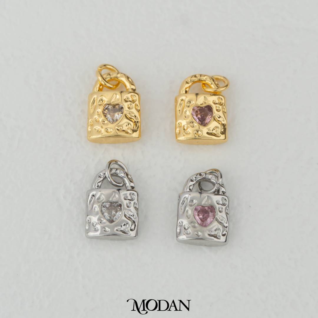 Hammered Love Lock Clear and Pink Zirconia DIY Charm Liontin Gembok Hati Cinta Hypoallergenic Gold Filled