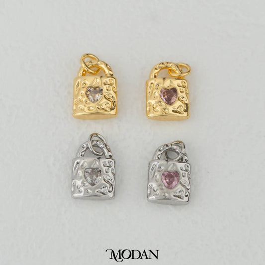 Hammered Love Lock Clear and Pink Zirconia DIY Charm Liontin Gembok Hati Cinta Hypoallergenic Gold Filled