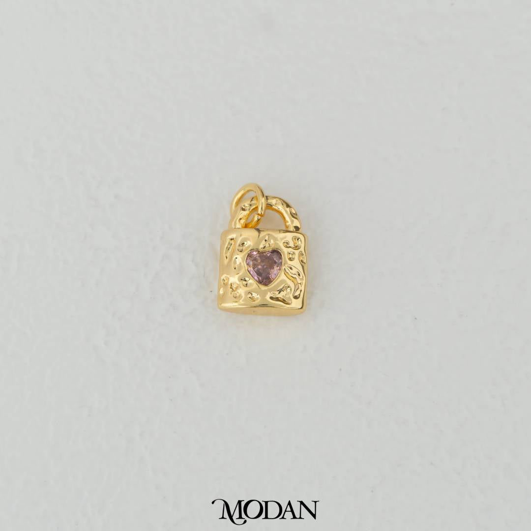 Hammered Love Lock Clear and Pink Zirconia DIY Charm Liontin Gembok Hati Cinta Hypoallergenic Gold Filled