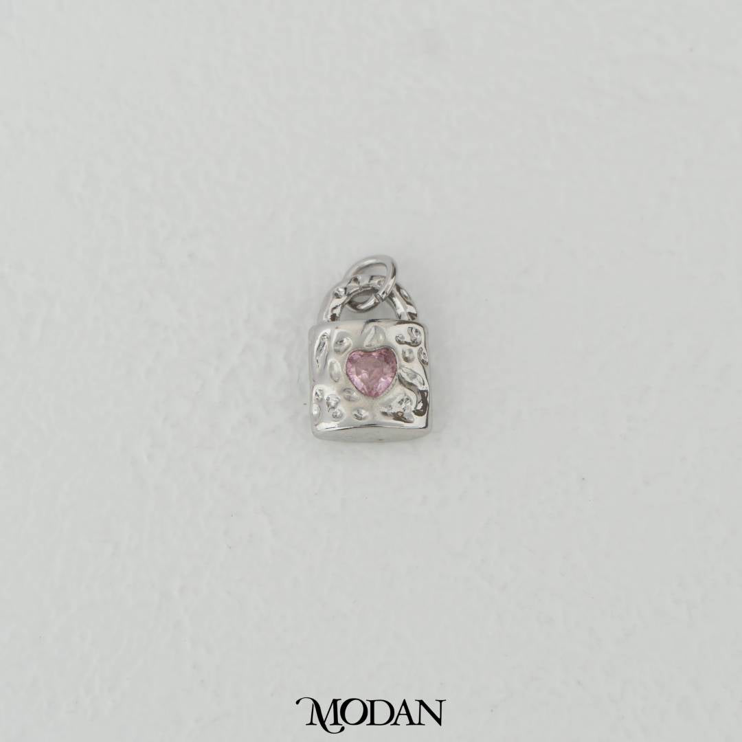Hammered Love Lock Clear and Pink Zirconia DIY Charm Liontin Gembok Hati Cinta Hypoallergenic Gold Filled