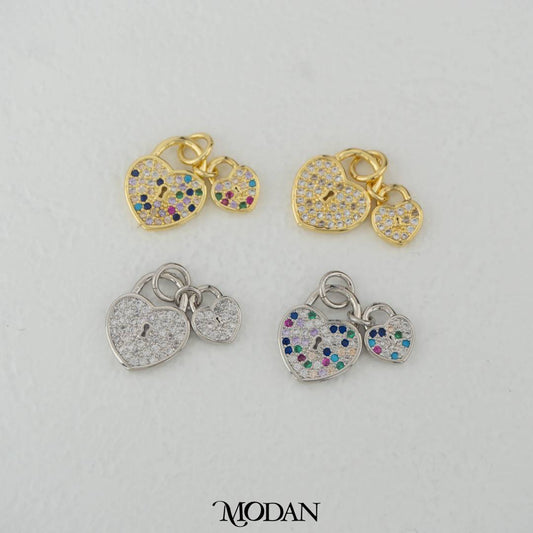 Romantic Colorful and Clear Micro Paved Love Lock Dangle Charm DIY Charm Liontin Gembok Hati Cinta Hypoallergenic Gold Filled