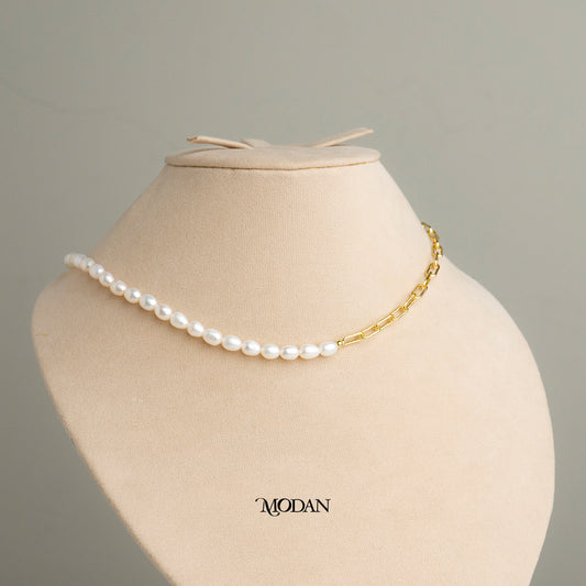 45.5cm Round Toggle White Freshwater Beaded Paperclip Necklace Kalung Mutiara Air Tawar Hypoallergenic Gold Plated