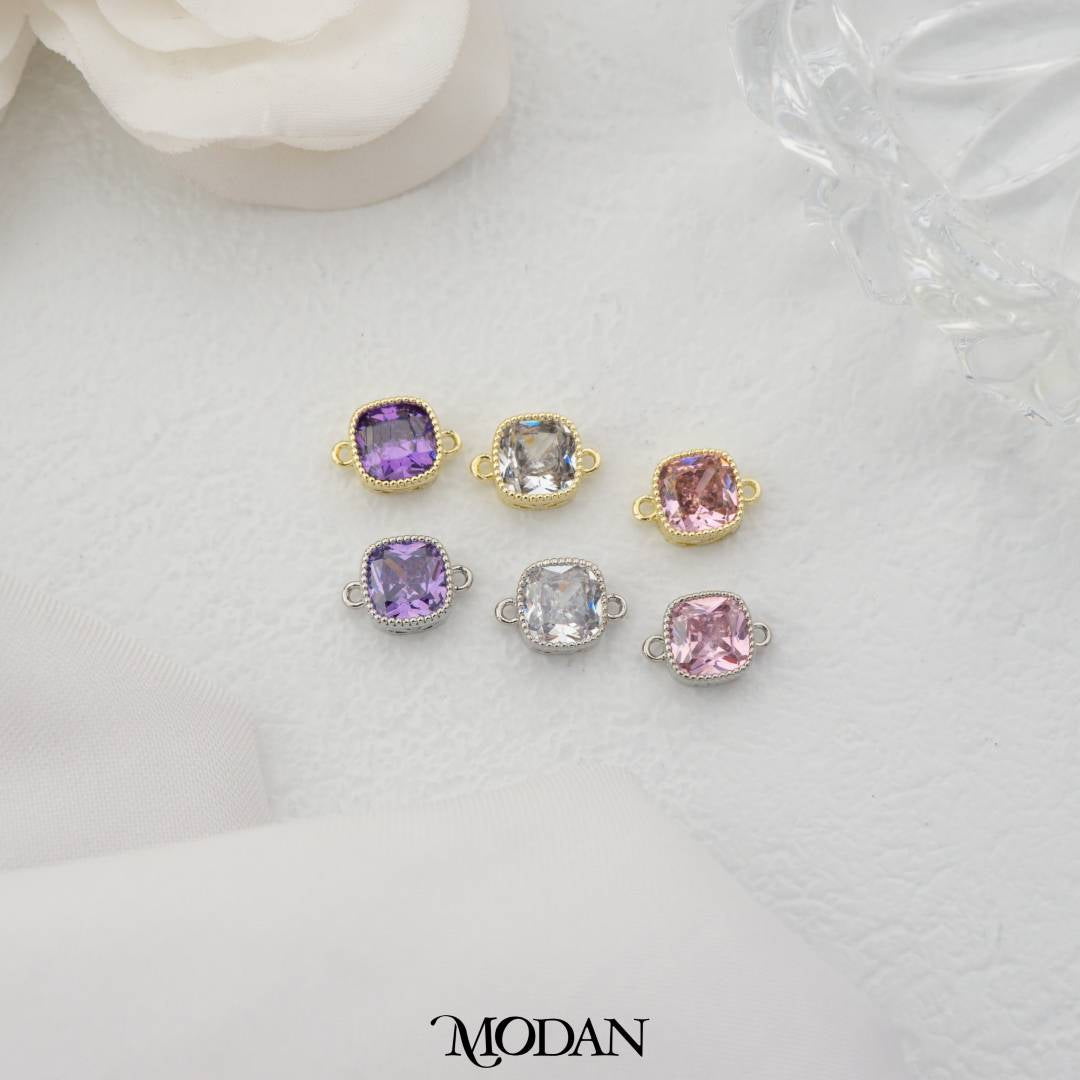 Sparkling Clear/Pink/Purple Beaded Square DIY Connector Liontin Persegi Berlian Warna-Warni Hypoallergenic Gold Plated