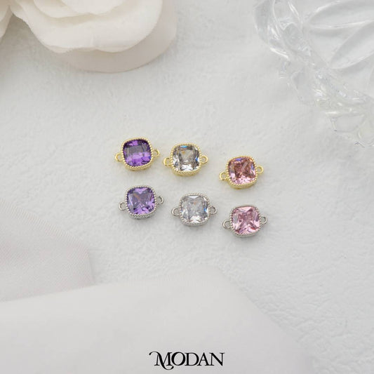 Sparkling Clear/Pink/Purple Beaded Square DIY Connector Liontin Persegi Berlian Warna-Warni Hypoallergenic Gold Plated