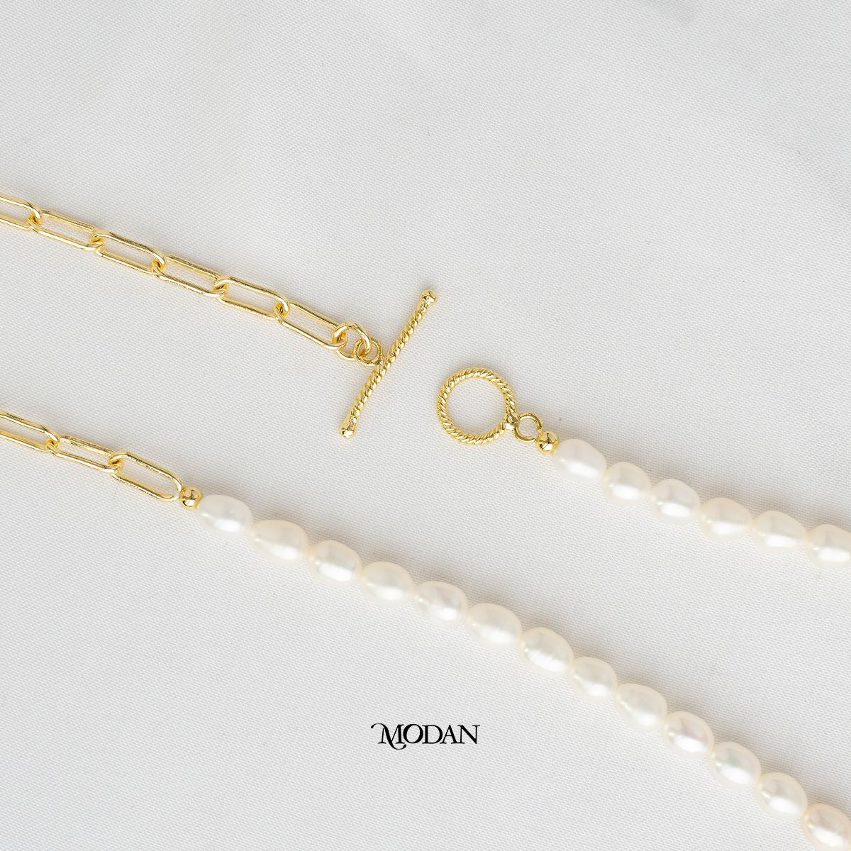 45.5cm Round Toggle White Freshwater Beaded Paperclip Necklace Kalung Mutiara Air Tawar Hypoallergenic Gold Plated