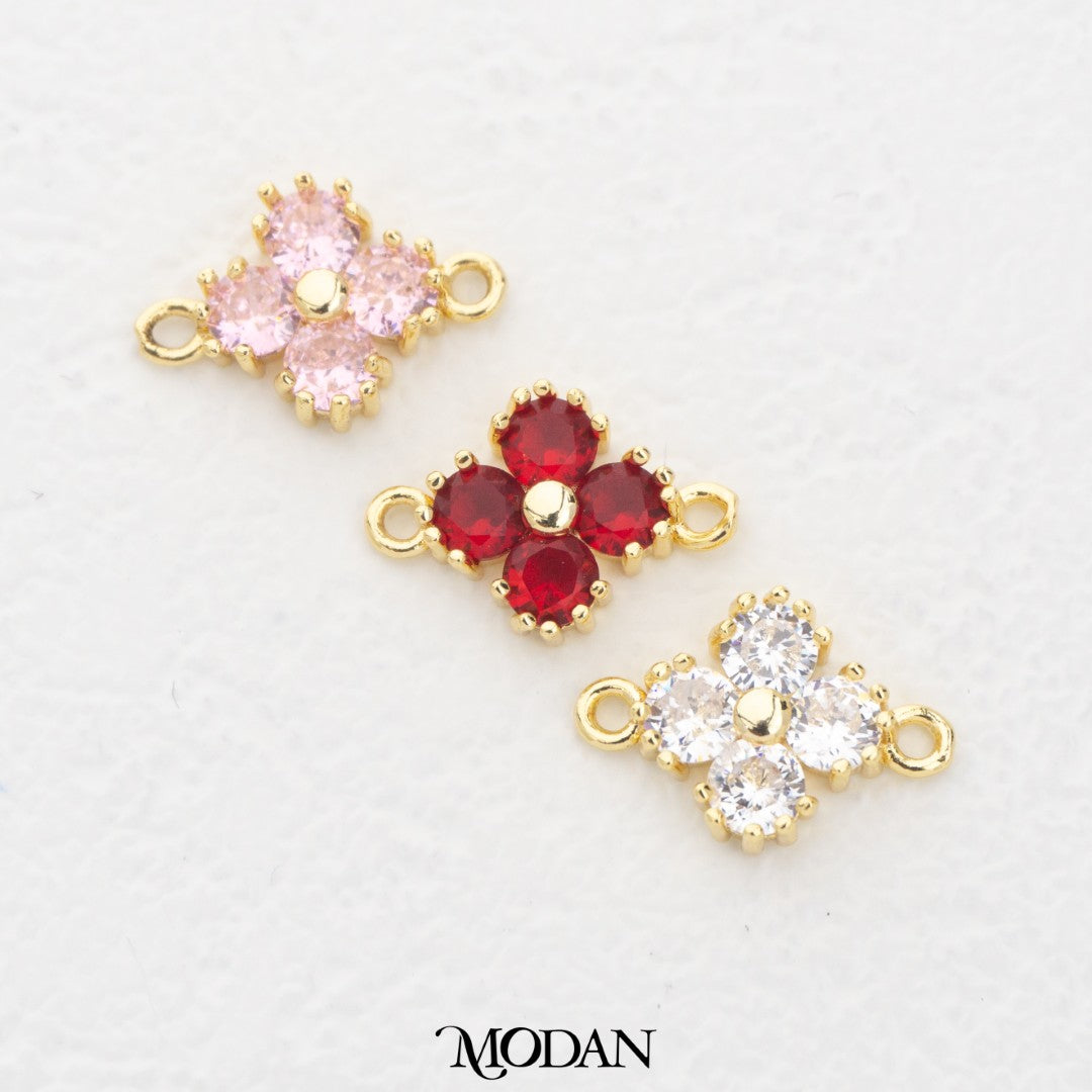 Clear Pink Red Sparkling Clover DIY Connector Liontin Konektor Daun Semanggi Merah Putih Gold Filled Merah Muda Hypoallergenic