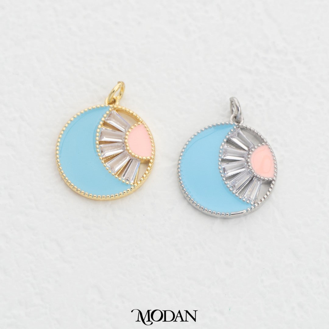 Blue Baguette Round Charm DIY Charm Liontin Bulat Biru Hypoallergenic Gold Filled