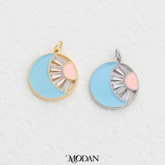 Blue Baguette Round Charm DIY Charm Liontin Bulat Biru Hypoallergenic Gold Filled