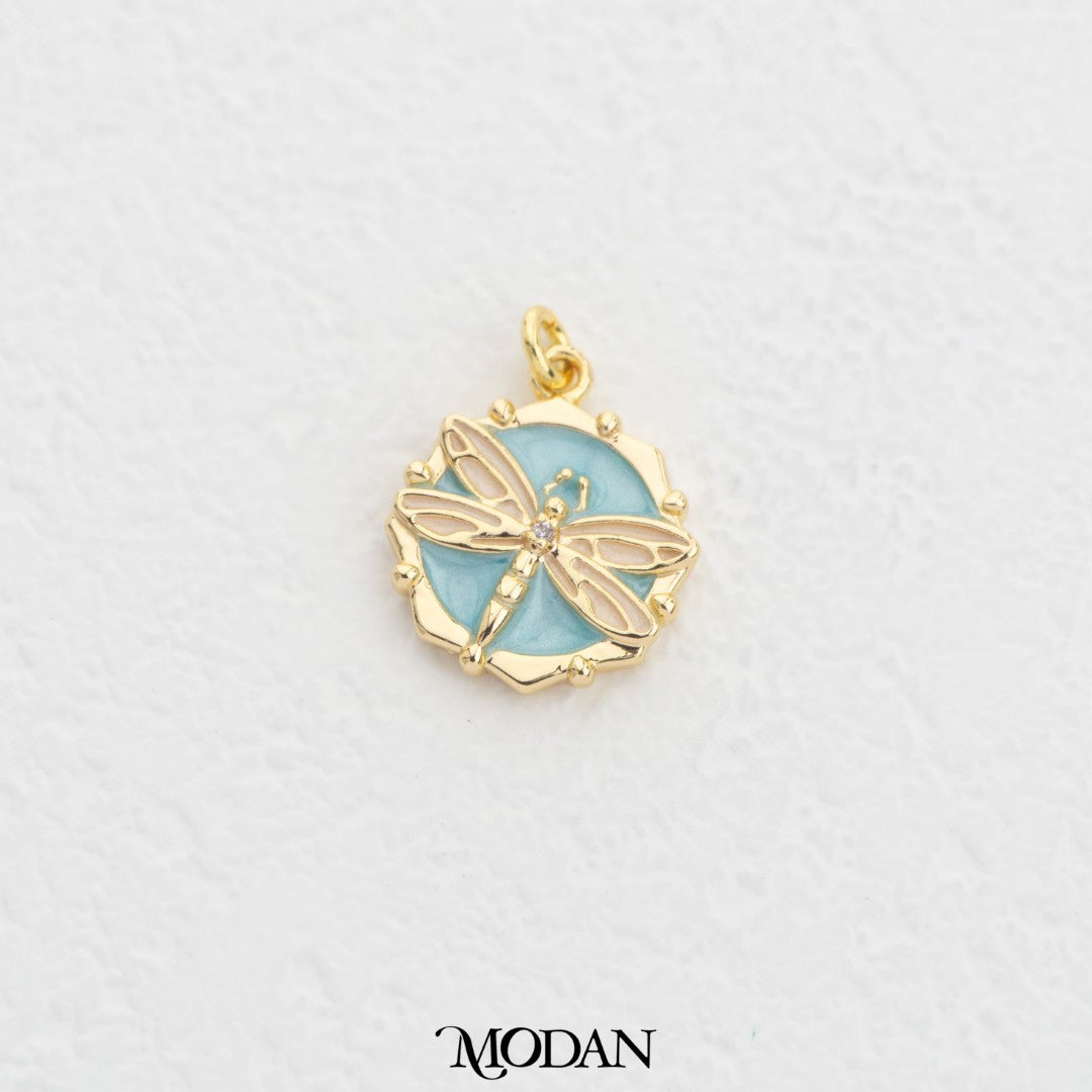 Dragonfly Enamel Round DIY Charm Liontin Bunga Mawar Hypoallergenic Gold Filled