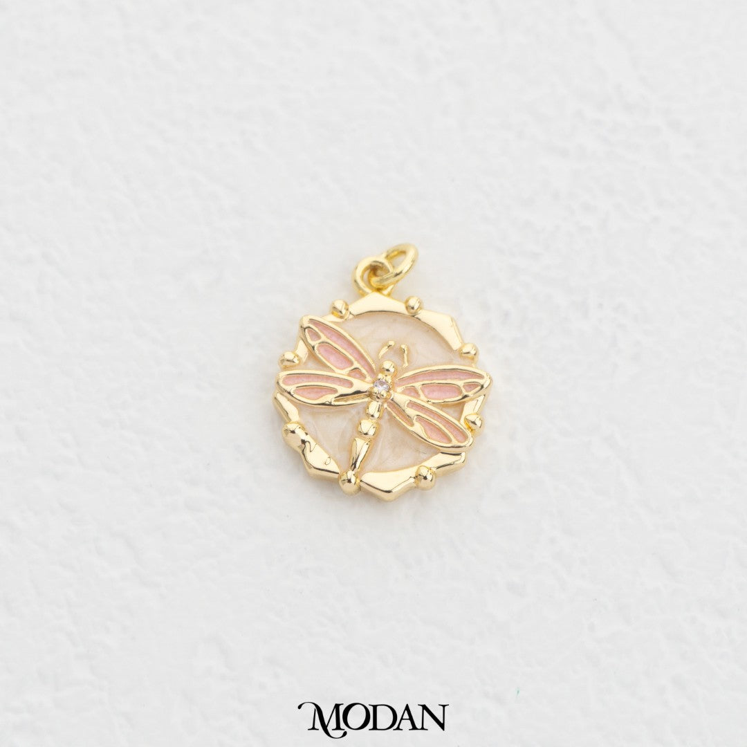 Dragonfly Enamel Round DIY Charm Liontin Bunga Mawar Hypoallergenic Gold Filled