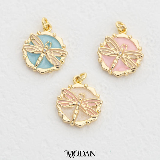 Dragonfly Enamel Round DIY Charm Liontin Bunga Mawar Hypoallergenic Gold Filled