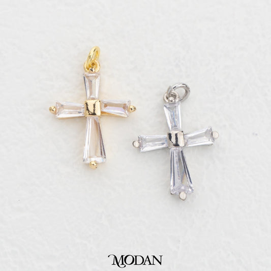 Baguette Clear And Pink Cross DIY Charm Liontin Salib Putih Dan Merah Muda Hypoallergenic Gold Filled