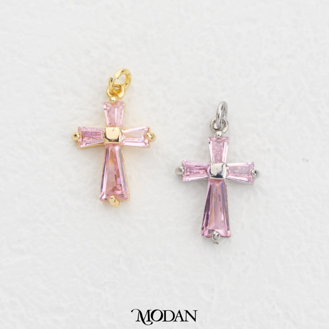 Baguette Clear And Pink Cross DIY Charm Liontin Salib Putih Dan Merah Muda Hypoallergenic Gold Filled