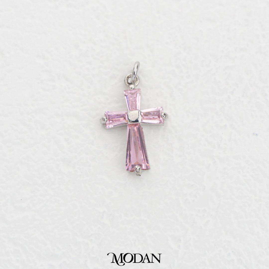 Baguette Clear And Pink Cross DIY Charm Liontin Salib Putih Dan Merah Muda Hypoallergenic Gold Filled