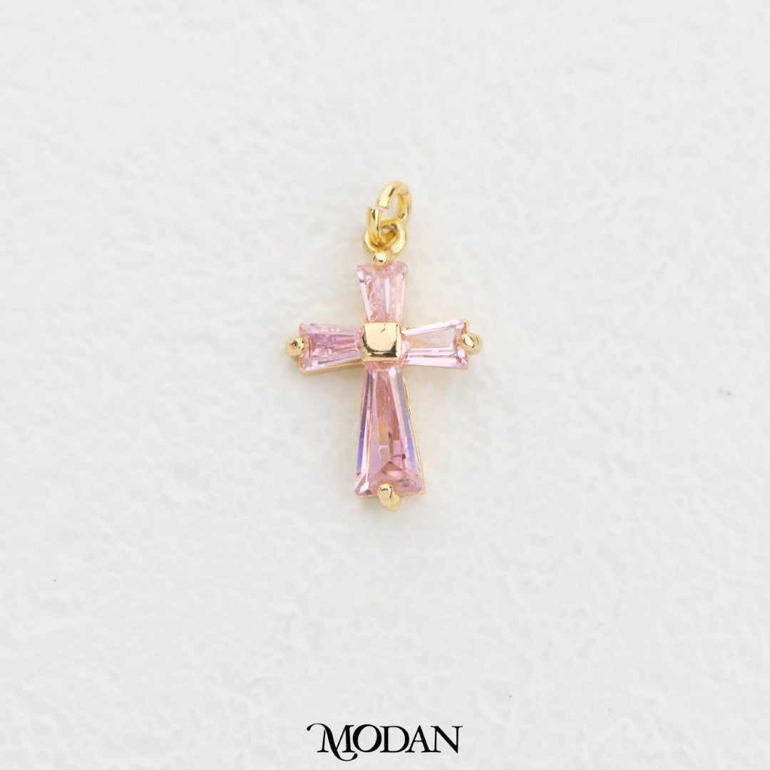 Baguette Clear And Pink Cross DIY Charm Liontin Salib Putih Dan Merah Muda Hypoallergenic Gold Filled