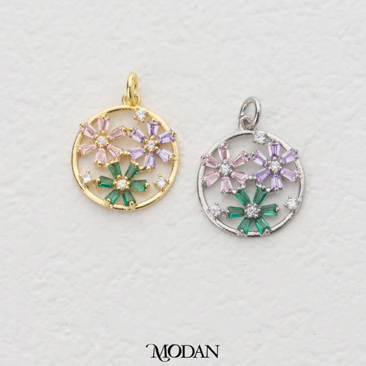 Sparkling Floral Medallion DIY Charm Liontin Karangan Bunga Bulat Hypoallergenic Gold Filled