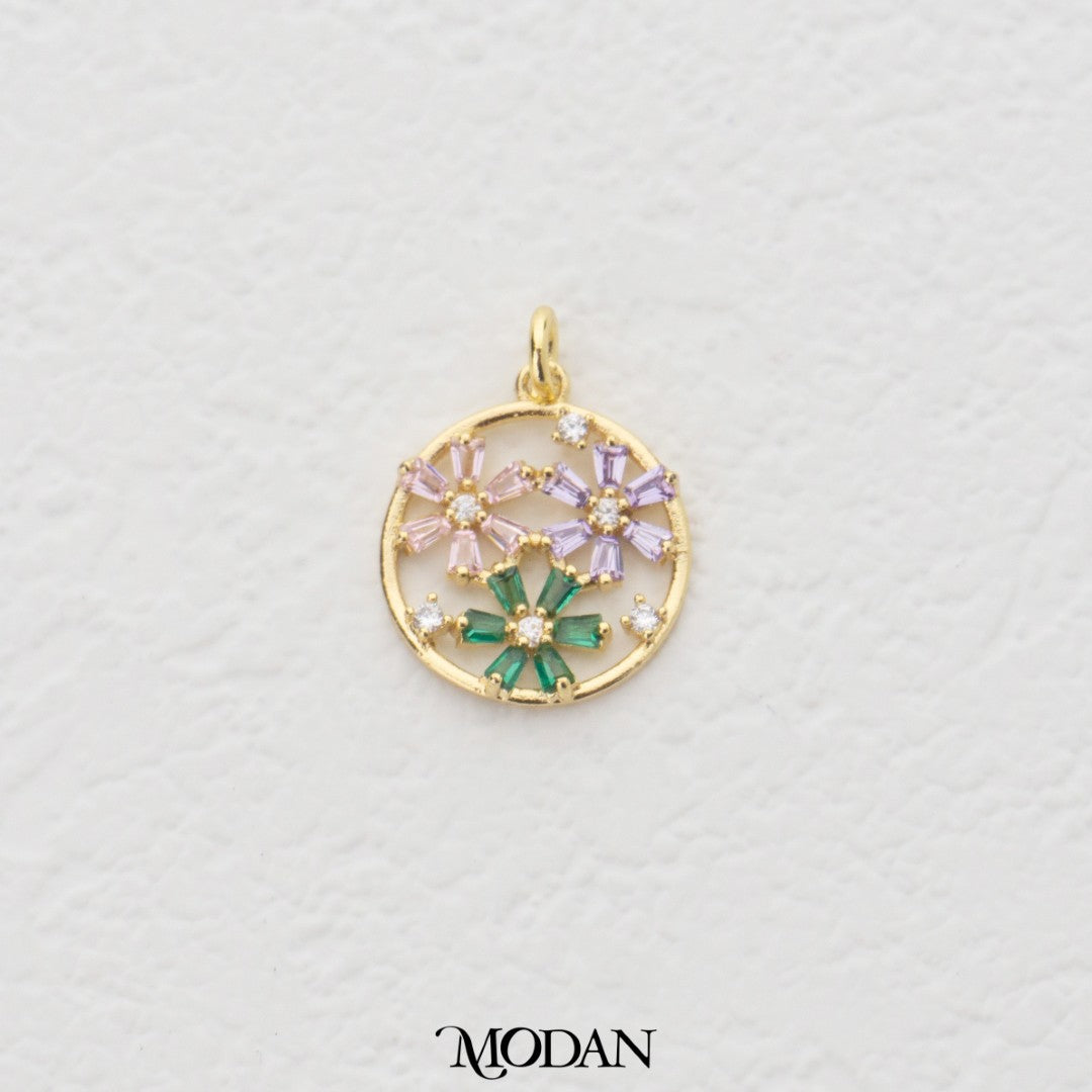 Sparkling Floral Medallion DIY Charm Liontin Karangan Bunga Bulat Hypoallergenic Gold Filled