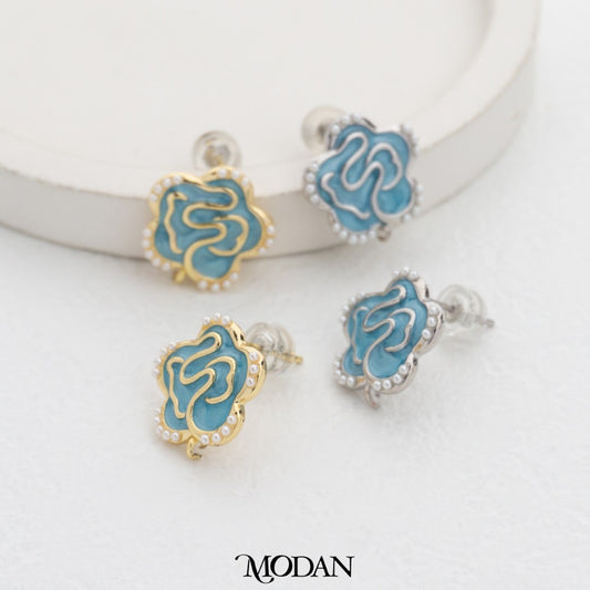 Blue Enamel Flower Stud Earrings Findings Pengait Anting Tusuk Bunga Biru Unfinished Hypoallergenic Gold Plated