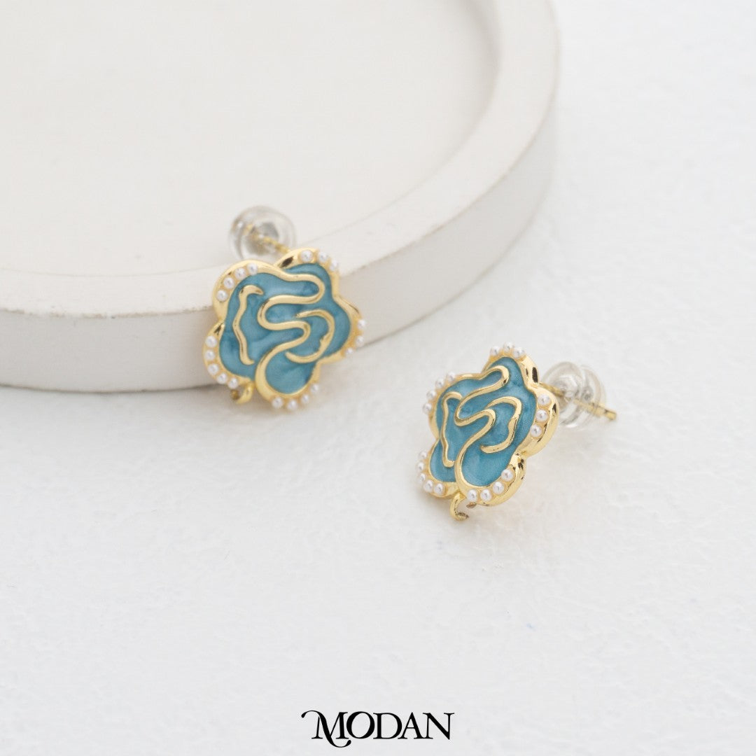 Blue Enamel Flower Stud Earrings Findings Pengait Anting Tusuk Bunga Biru Unfinished Hypoallergenic Gold Plated
