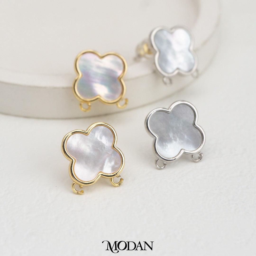 Mother Of Pearl Clover Stud Earring DIY Earrings Findings Pengait Anting Tusuk Bentuk Daun Semanggi Unfinished Hypoallergenic Gold Filled