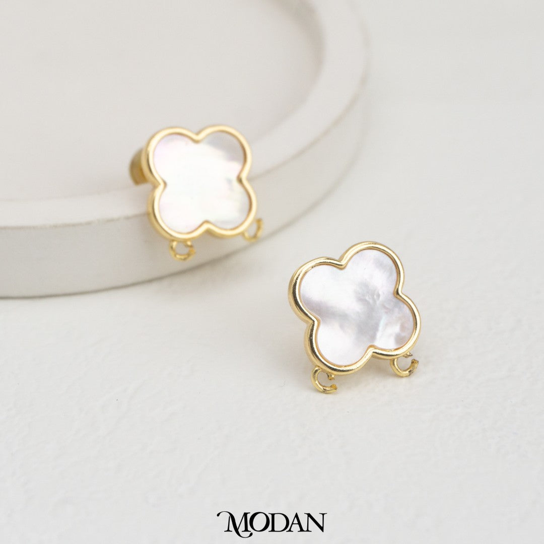 Mother Of Pearl Clover Stud Earring DIY Earrings Findings Pengait Anting Tusuk Bentuk Daun Semanggi Unfinished Hypoallergenic Gold Filled