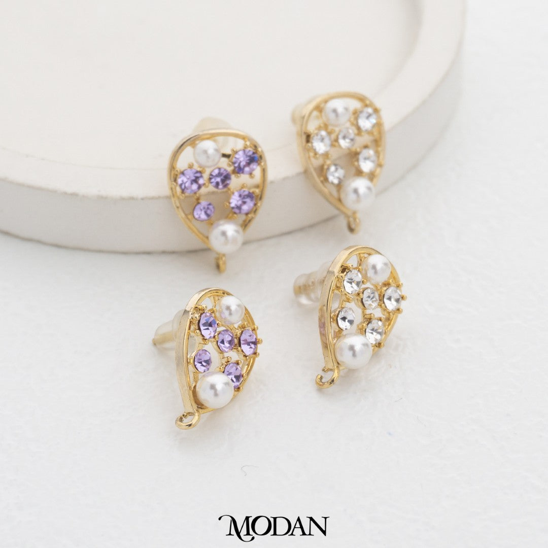 Sparkling Purple and White Teardrop Stud Earring DIY Earrings Findings Pengait Anting Tusuk Tetes Air Mata Berlian Unfinished Hypoallergenic Gold Plated