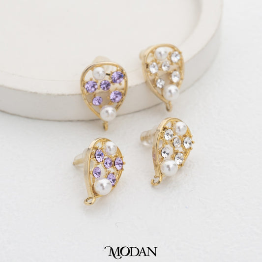 Sparkling Purple and White Teardrop Stud Earring DIY Earrings Findings Pengait Anting Tusuk Tetes Air Mata Berlian Unfinished Hypoallergenic Gold Plated