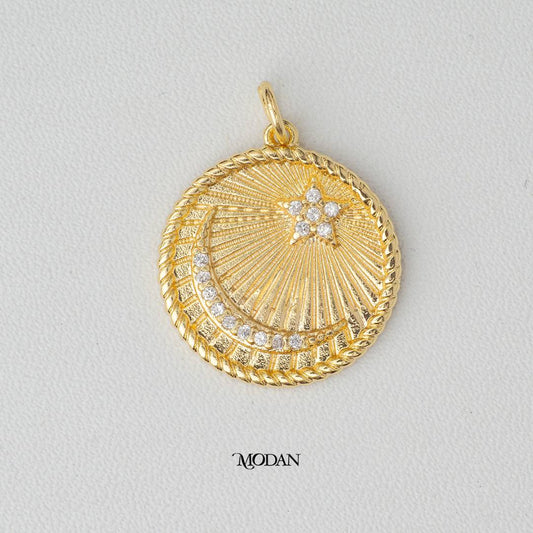 Sun Rays Moon and Star Coin DIY Charm Liontin Bulan Bintang Bentuk Koin Bertekstur Hypoallergenic Gold Filled