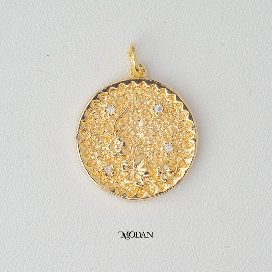 Golden Wild Flower Medallion Coin DIY Charm Liontin Bunga Bulat Artistik Hypoallergenic Gold Filled