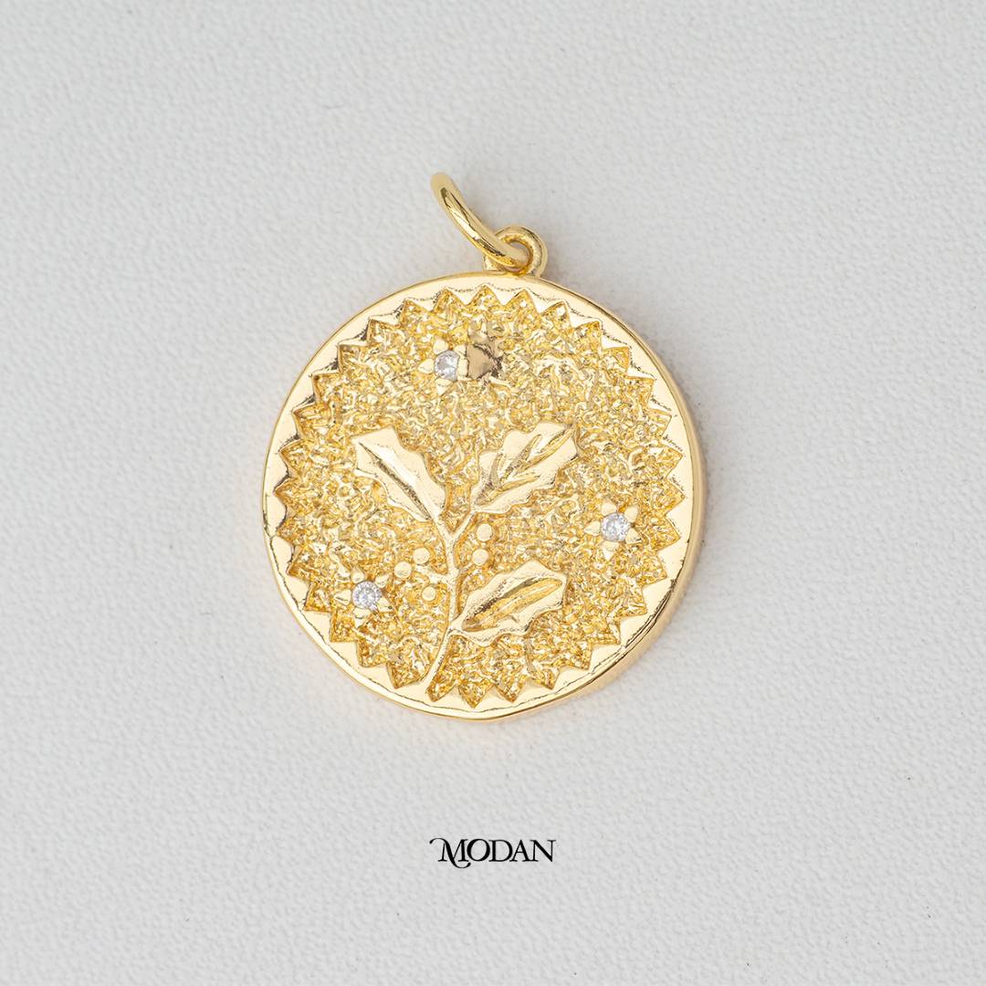 Golden Wild Flower Medallion Coin DIY Charm Liontin Bunga Bulat Artistik Hypoallergenic Gold Filled