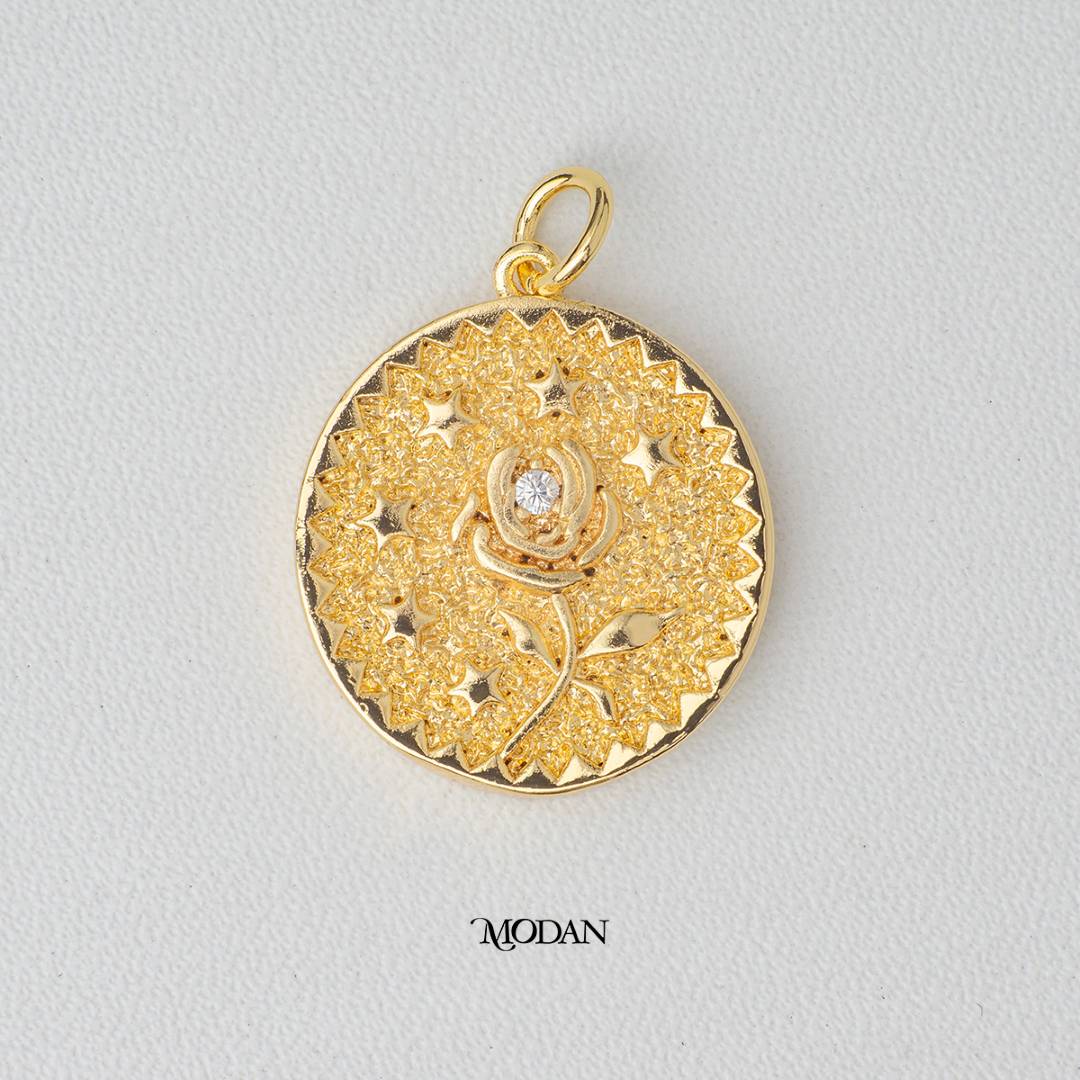 Golden Wild Flower Medallion Coin DIY Charm Liontin Bunga Bulat Artistik Hypoallergenic Gold Filled