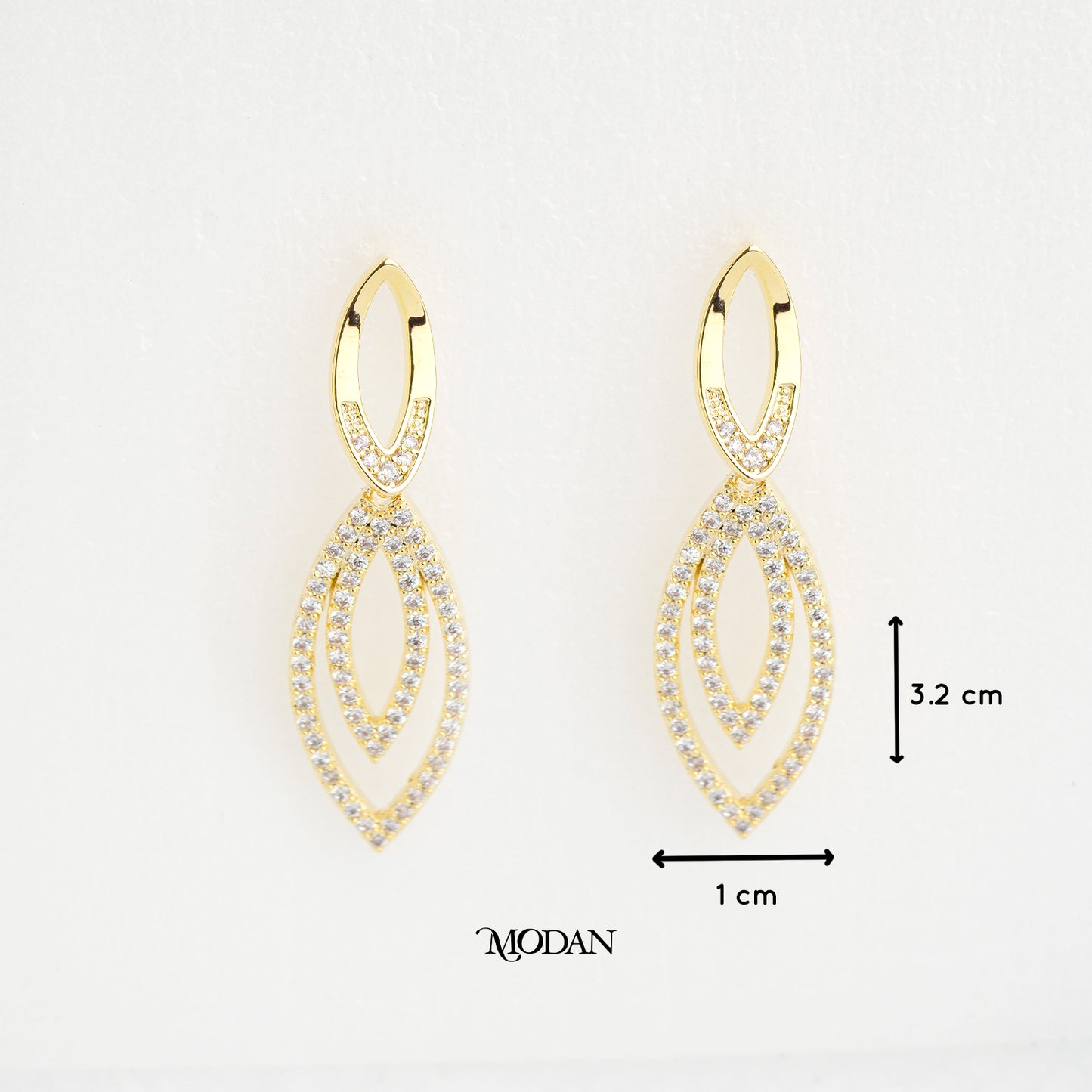 (32mm) Bridal Micro Paved Zirconia Open Marquise Stud Earrings Anting Pesta Hypoallergenic Gold Plated