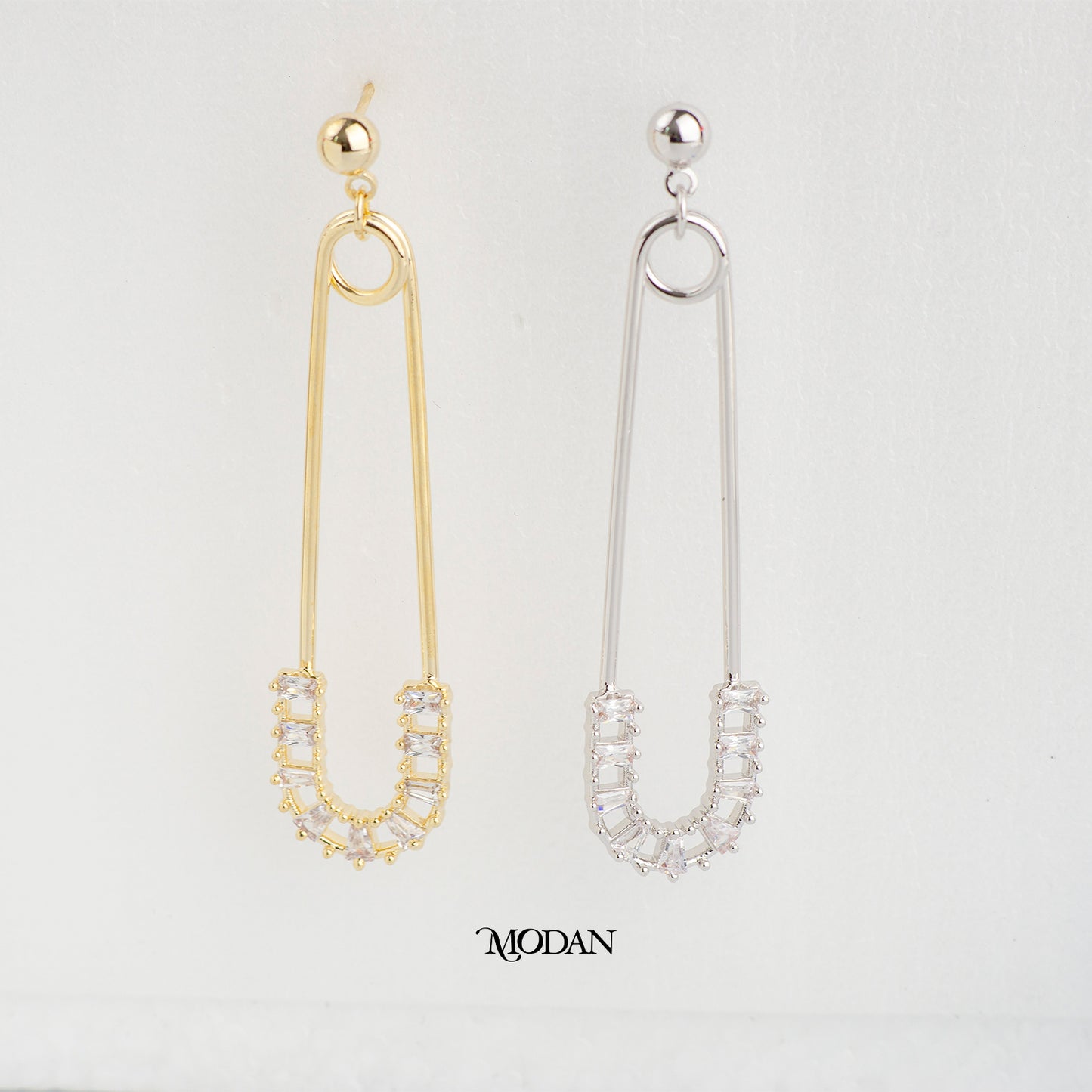 (50mm) Baguette Safety Pins Statement Drop Stud Earrings Anting Tusuk Peniti Hypoallergenic Gold Plated