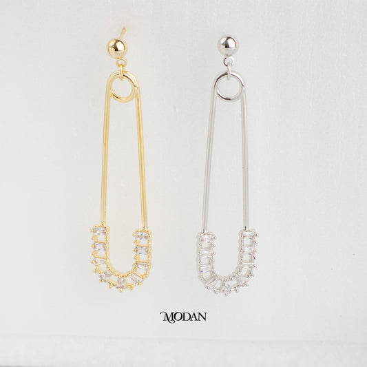 (50mm) Baguette Safety Pins Statement Drop Stud Earrings Anting Tusuk Peniti Hypoallergenic Gold Plated