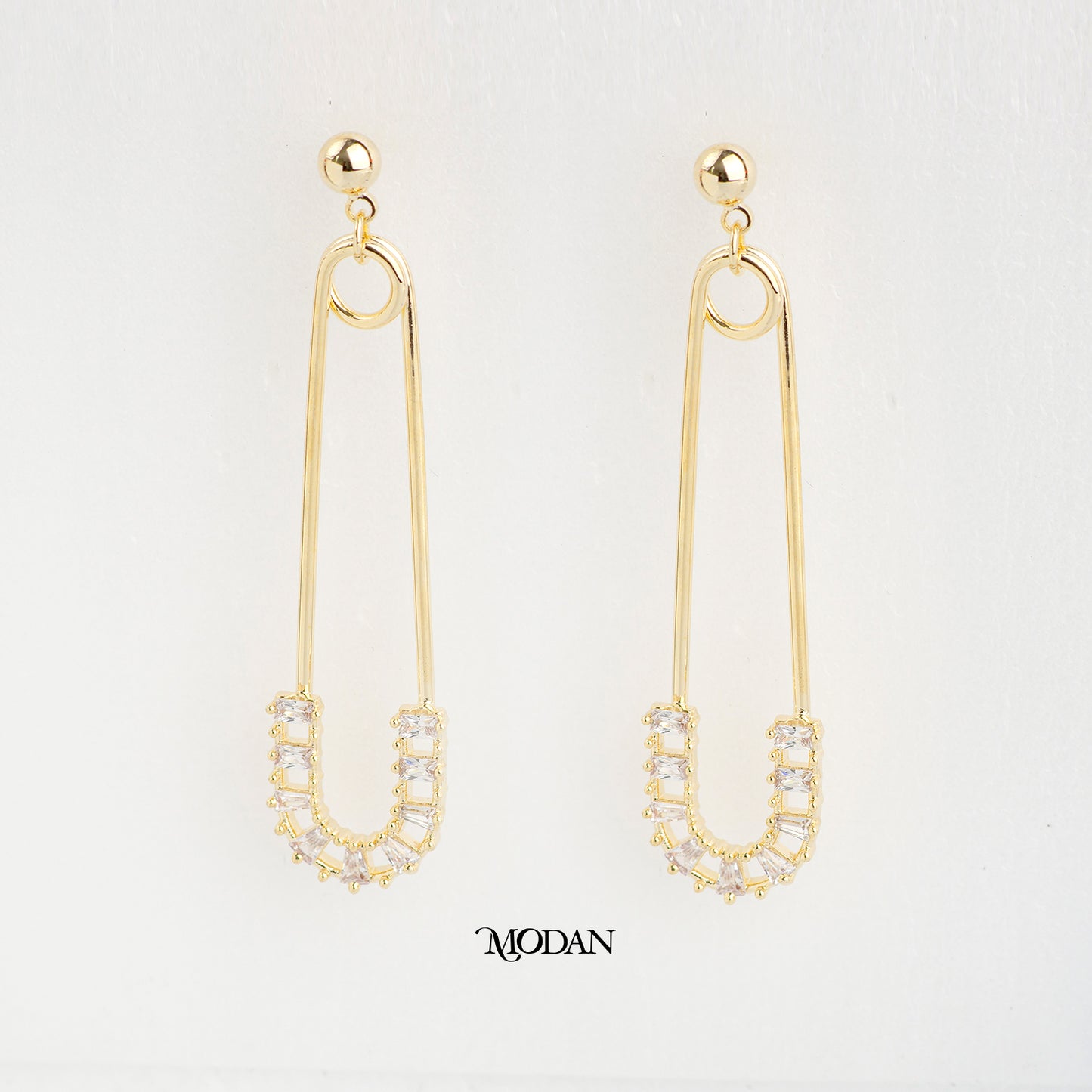 (50mm) Baguette Safety Pins Statement Drop Stud Earrings Anting Tusuk Peniti Hypoallergenic Gold Plated