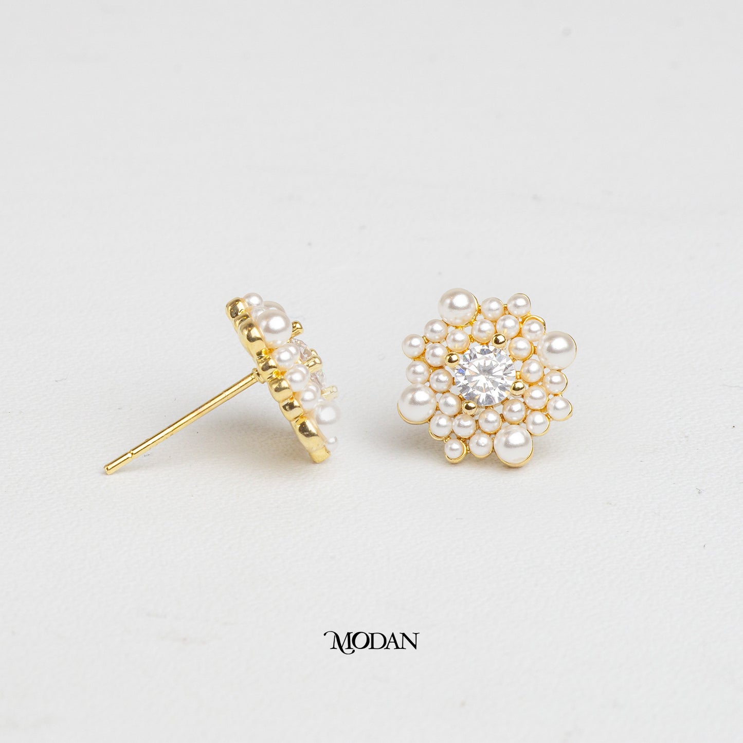 (13mm) Round Cluster Shell Pearl Stud Earrings Anting Tusuk Mutiara Hypoallergenic Gold Plated