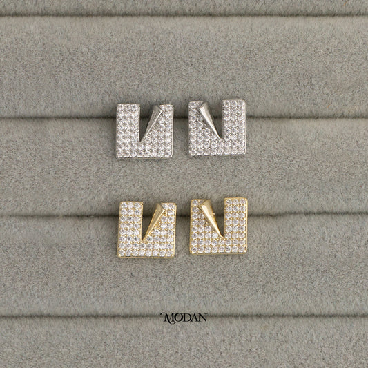 Modern Geometric Square Pave Stud Earrings Anting Tusuk Kotak Hypoallergenic Gold Plated
