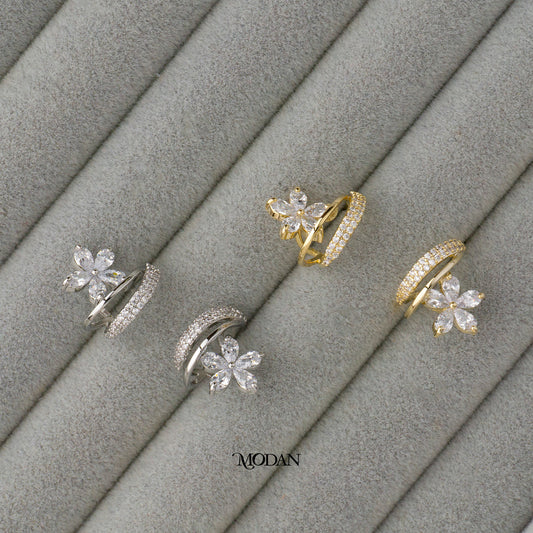 (17mm) Micro Paved Zirconia Flower Cuff Earrings Anting Bunga Hypoallergenic Gold Plated
