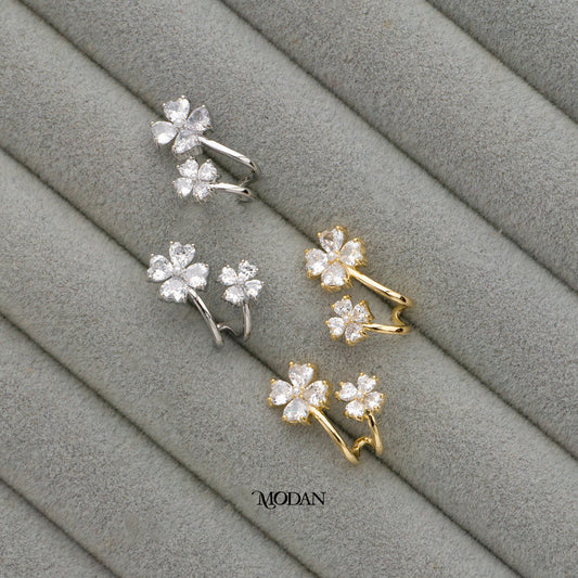 Zirconia Four Petals Flower Cuff Earrings Anting Bunga Hypoallergenic Gold Plated