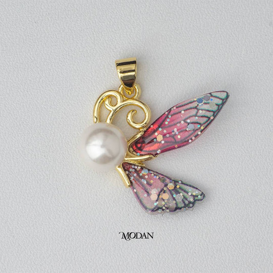 Gradient Pink Dragonfly Pearl Pendant DIY Pendant Liontin Capung Hypoallergenic Gold Plated