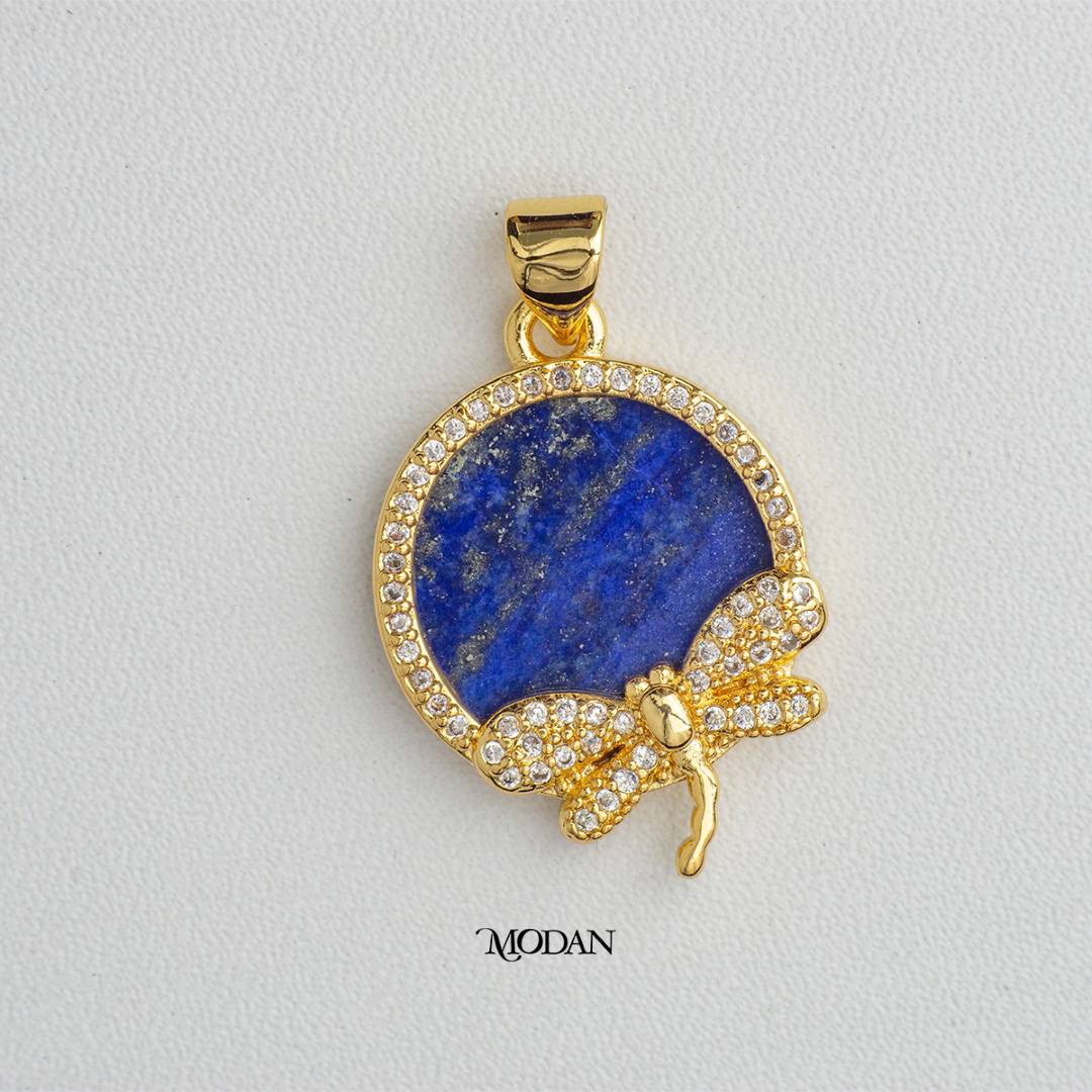 Stunning Dragonfly Blue Lapis Lazuli Golden Round Medallion Pendant DIY Liontin Bandul Biru Hypoallergenic Gold Plated