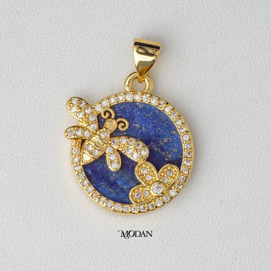 Stunning Butterfly Garden Blue Lapis Lazuli Golden Round Medallion Pendant DIY Liontin Bandul Biru Hypoallergenic Gold Plated